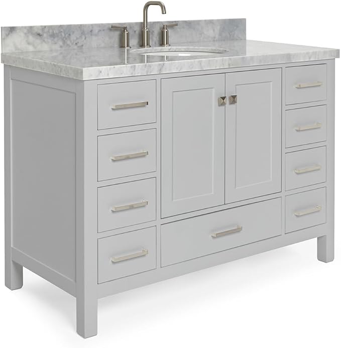 ARIEL Cambridge 48-inch Bathroom Vanity with Sink,Solid Wood, 1.5-inch Italian Carrara Marble Countertop & Backsplash, Single Oval Porcelain Sink, 2 Soft Closing Doors, 9 Dovetail Drawers, Grey
