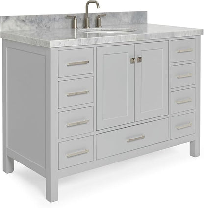 ARIEL Cambridge 48-inch Bathroom Vanity with Sink,Solid Wood, 1.5-inch Italian Carrara Marble Countertop & Backsplash, Single Oval Porcelain Sink, 2 Soft Closing Doors, 9 Dovetail Drawers, Grey