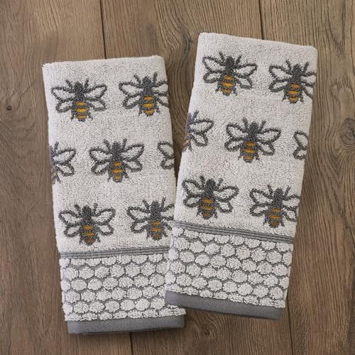 SKL Home Honey Bee Hand Towel Set-2pc, 100% Cotton Jacquard, White/Gray