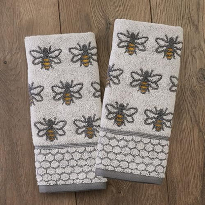 SKL Home Honey Bee Hand Towel Set-2pc, 100% Cotton Jacquard, White/Gray
