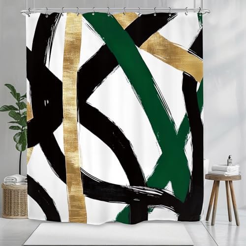 Abstract Emerald Green Black Gold Shower Curtain 60Wx72L Inch Modern Minimalist Contemporary Geometric Bathroom Set Accessories Decor with 12 Pack Hooks