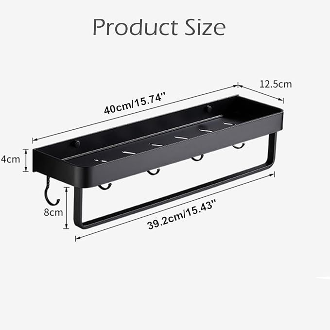 Modern Double Layer Bathroom Storage Shelves and One Towel Bar and 5 Moveable Hooks, Wall Mounted Black Aluminum Towel Holders Towel Rack, Bath/Kitchen Storage Shelf (Black-15.7Inches)