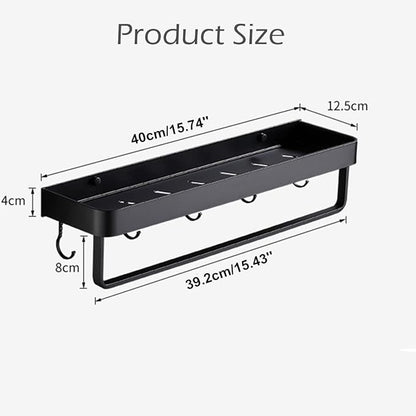 Modern Double Layer Bathroom Storage Shelves and One Towel Bar and 5 Moveable Hooks, Wall Mounted Black Aluminum Towel Holders Towel Rack, Bath/Kitchen Storage Shelf (Black-15.7Inches)