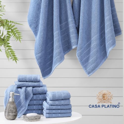 Casa Platino Towel Set Quick Dry 100% Cotton 24 Piece Soft - Cerulean Blue