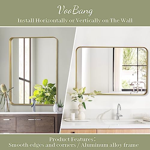 VooBang Bathroom Mirror 24x36 inch, Gold Gorgeous Deep Frame Wall Mirror, Modern Round Corner Bathroom Vanity Mirror for Bedroom, Living Room, Hanging or Leaning Horizontal or Vertical, Gold