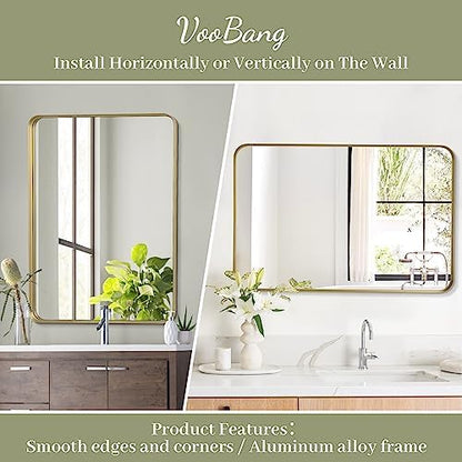VooBang Bathroom Mirror 30x40 inch, Gold Gorgeous Deep Frame Wall Mirror, Modern Round Corner Bathroom Vanity Mirror for Bedroom, Living Room, Hanging or Leaning Horizontal or Vertical, Gold