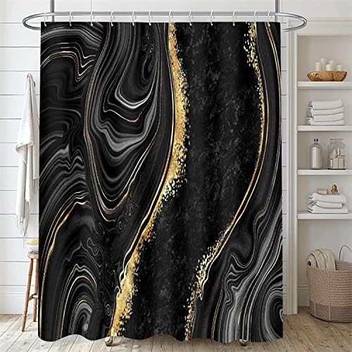 Nkzply 4 Pcs Black Marble Shower Curtain Sets with Rugs Gold Bathroom Set