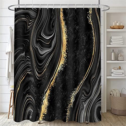 Nkzply 4 Pcs Black Marble Shower Curtain Sets with Rugs Gold Bathroom Set