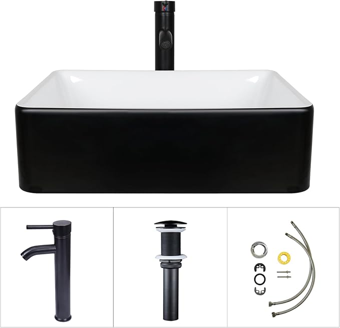 60" Barn Door Bathroom Vanity with 6 Drawers and Two Doors, Farmhouse Style Standing Pedestal Cabinet with Two Black and White Ceramic Sinks