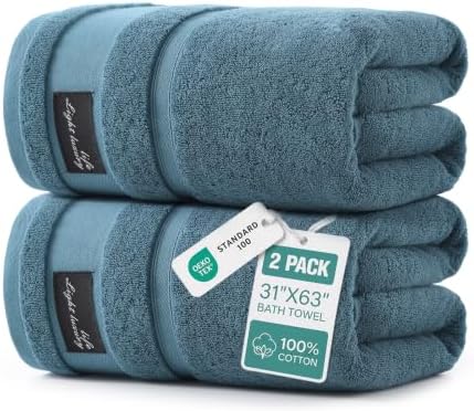 REDKISS 2 Pack Large Bath Towels, 100% Cotton, 32x63 in,Heavyweight 760G, Highly Absorbent & Quick Dry, Super Soft Luxury Shower Towels for Bathroom,Hotel Collection - Blue