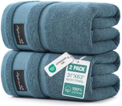 REDKISS 2 Pack Large Bath Towels, 100% Cotton, 32x63 in,Heavyweight 760G, Highly Absorbent & Quick Dry, Super Soft Luxury Shower Towels for Bathroom,Hotel Collection - Blue