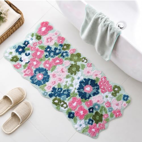 TRUEDAYS Wildflower Floral Runner Bathroom Rug - Cute Tufted Non Slip Soft Flower Shaped Bath Mat, Washable Farmhouse & Cottagecore Bathroom Decor - Aesthetic Rug for Vanity, Tub, Entryway