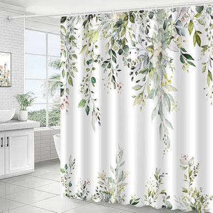 Eucalyptus Shower Curtain, Aesthetic Art Watercolor Plant Leaves with Floral Bathroom Decor, Waterproof Fabric Cloth Bath Curtain Set with Hooks (Green, 72" W x 72" L)