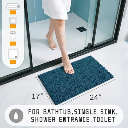 Yimobra Washable Bathroom Rugs, Super Soft & Absorbent Chenille Bath Mat for Floor & Carpet, Quick Dry Non Slip Bath Mat for Tub Shower, 24" x 17",Peacock Blue