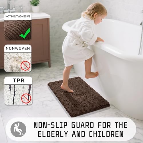 Yimobra Washable Bathroom Rugs, Super Soft & Absorbent Chenille Bath Mat for Floor & Carpet, Quick Dry Non Slip Bath Mat for Tub Shower, 32"x20",Brown