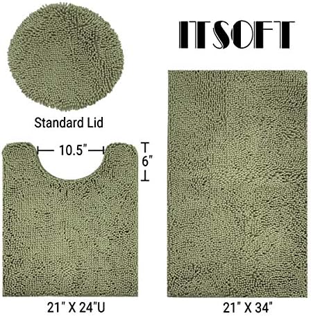 ITSOFT Standard 3pc Non-Slip Shaggy Bathroom Mat Set, Includes 24"x21" Inches U-Shaped Contour Toilet Rug, 34"x21" Inches Bathmat and 1 Toilet Lid Cover, Sage Green