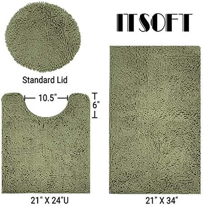 ITSOFT Standard 3pc Non-Slip Shaggy Bathroom Mat Set, Includes 24"x21" Inches U-Shaped Contour Toilet Rug, 34"x21" Inches Bathmat and 1 Toilet Lid Cover, Sage Green