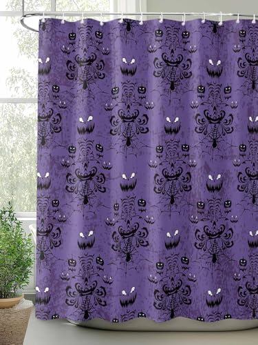 Shower Curtain Bathroom Set Spooky Halloween Haunted Ghost Cobweb Waterproof Shower Curtains with Grommets Hooks Black Purple Privacy Bath Curtain for Bathtub Decor 72x72in