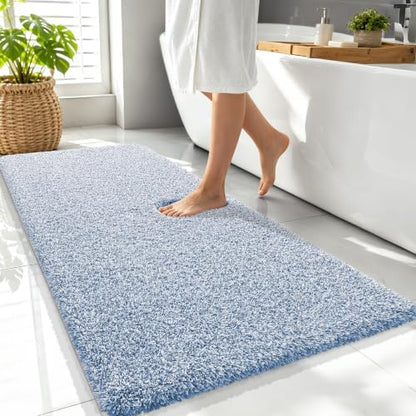 OLANLY Microfiber Soft Bathroom Rugs Mats 47x24, Cornflower Blue and White
