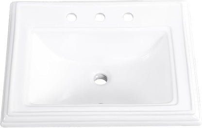 23" Drop-in Bathroom Sink with 8" Widespread 3 Hole Ceramic Basin | 23.2"x18.3”,White Ceramic Rectangle Semi-recessed Vanity Basin, Self-Rimming for Modern Bathroom Remodel and Home Renovation