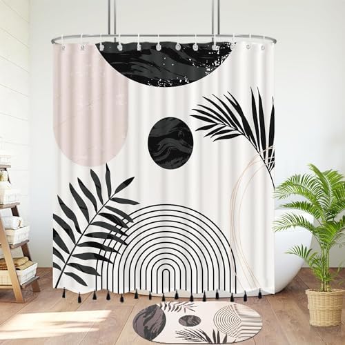 Boho Mid Century Leaf Shower Curtain Set,Arch Sun Design,Minimalistic Leaves Pattern,Waterproof and Luxurious Fabric-12 Hooks(Black and White-72" x 96")