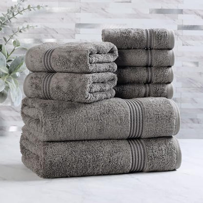 SUPERIOR Egyptian Cotton 8-Piece Towel Set, Assorted Towels for Home Bathroom, Master, Guest Bath, Decor Essentials, Includes 2 Bath, 2 Hand, 4 Face Towels/Washcloths, Quick Dry, Absorbent, Charcoal