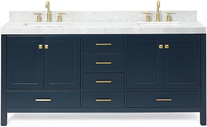 ARIEL Cambridge 72-inch Bathroom Vanity with Sink,Solid Wood, 2-inch Italian Carrara Marble Countertop, Double Rectangular Porcelain Sink, 4 Soft Closing Doors, 6 Dovetail Drawers, Midnight Blue