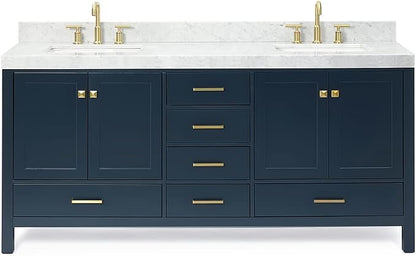 ARIEL Cambridge 72-inch Bathroom Vanity with Sink,Solid Wood, 2-inch Italian Carrara Marble Countertop, Double Rectangular Porcelain Sink, 4 Soft Closing Doors, 6 Dovetail Drawers, Midnight Blue