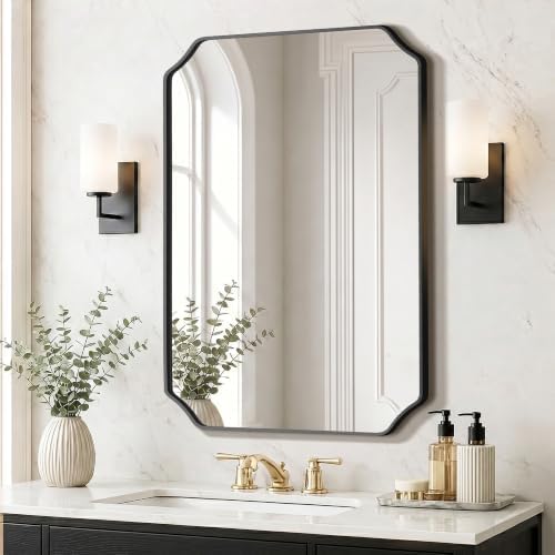 Delma Bathroom Vanity Mirror, Black Framed Aluminum Bathroom Mirror for Over Sink, Scalloped Round Corner Wall Mirror, High-Definition Vanity Mirror, Hangs Horizontally or Vertically (36x24,Black)