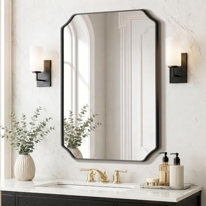Delma Bathroom Vanity Mirror, Black Framed Aluminum Bathroom Mirror for Over Sink, Scalloped Round Corner Wall Mirror, High-Definition Vanity Mirror, Hangs Horizontally or Vertically (36x24,Black)