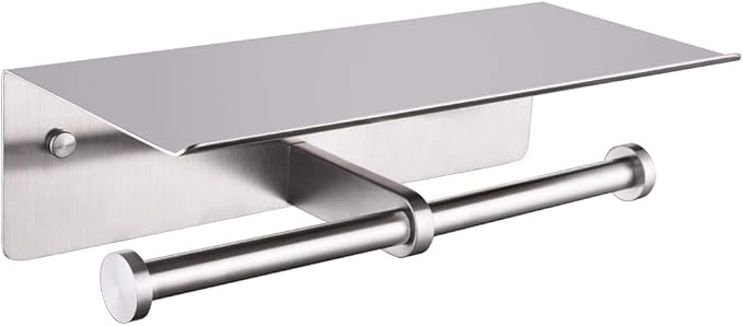 Brushed Nickel Double Toilet Paper Holder with Shelf, Wall Mounted | 304 Stainless Steel, Rust-resistant for Bathroom Restroom Powder Room, Dual Rolls Tissue Holder, Large Phone Storage