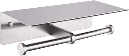 Brushed Nickel Double Toilet Paper Holder with Shelf, Wall Mounted | 304 Stainless Steel, Rust-resistant for Bathroom Restroom Powder Room, Dual Rolls Tissue Holder, Large Phone Storage
