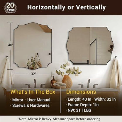 ANDY STAR 32"x40" Black Bathroom Mirror, Scalloped Mirrors for Bathroom, Black Arched Mirror with Elegant Curved Scallop Design, Premium Stainless Steel Thin Frame, Hangs Horizontally or Vertically