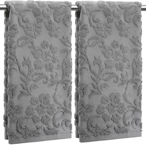 SmoothNovelty 2 Pcs Gray Floral Jacquard Hand Towels for Bathroom