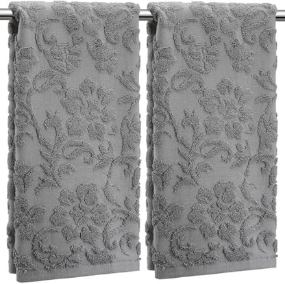 SmoothNovelty 2 Pcs Gray Floral Jacquard Hand Towels for Bathroom