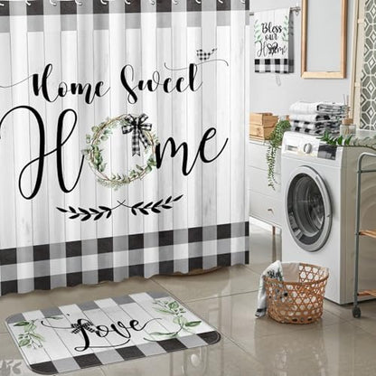 FuWeave 8 Pcs Shower Curtain Bathroom Sets, Black White Rug Plaid Mat