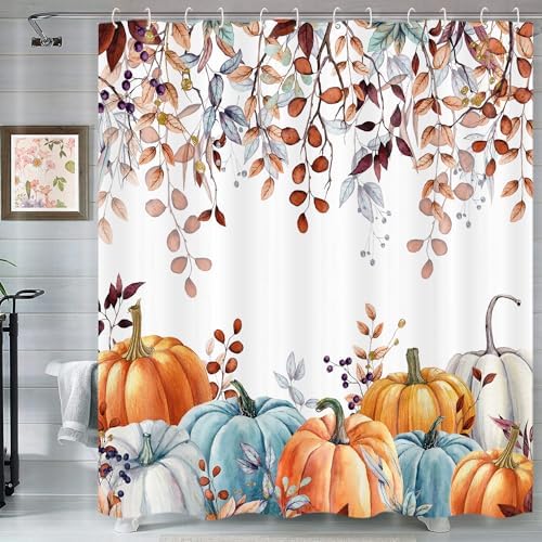 Fall Shower Curtains for Bathroom, Thanksgiving Pumpkins Autumn Eucalyptus Leaves Shower Curtain Set with Hooks, Blue Orange Waterproof Fabric Fall Bathroom Decor Accessories, 60 x 72 Inch