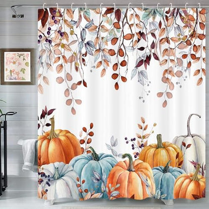 Fall Shower Curtains for Bathroom, Thanksgiving Pumpkins Autumn Eucalyptus Leaves Shower Curtain Set with Hooks, Blue Orange Waterproof Fabric Fall Bathroom Decor Accessories, 60 x 72 Inch