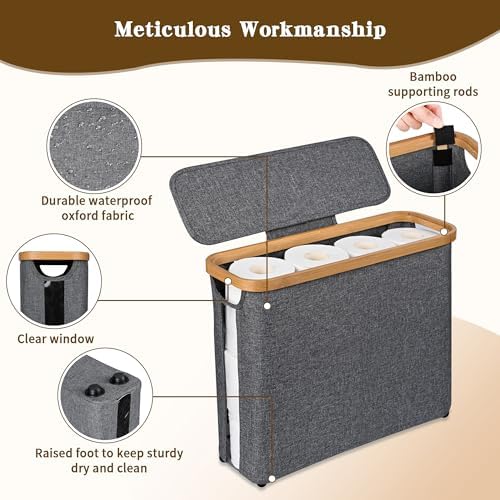 Toilet Paper Storage Basket with Lid - The Ultimate Bathroom Organizer, Free Standing Toilet Paper Holder for Up to 9 Mega Rolls, Toilet Tissue Storage Bin with Handle for RV Closet, Grey