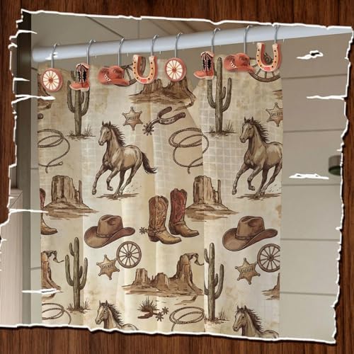 Thyle 12 Pcs Western Cowboy Shower Curtain Hooks, Rustic Farmhouse Bathroom Decor Rings with Cowboy Hat Boot Horseshoe Designs, Vintage Ranch Style Shower Curtain Rings for Country Home Holiday Decor