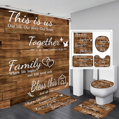 4Pcs Family Shower Curtain Sets with Non-Slip Rugs
