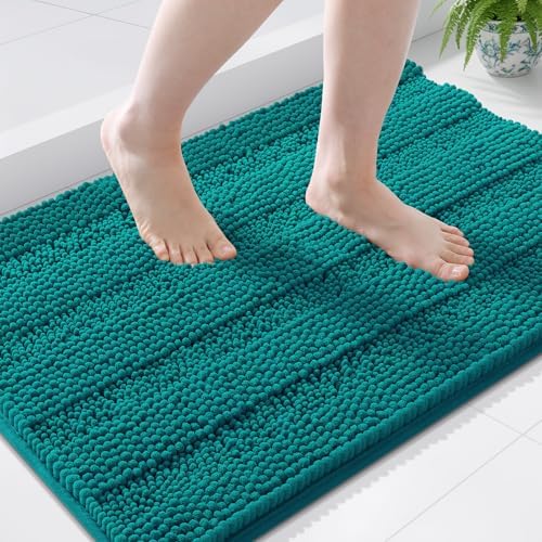 Grandaily Chenille Striped Bathroom Rugs 36x24, Extra Thick and Soft Absorbent Bath Mats, Rubber Backing, Plush Shaggy Shower Carpet, Machine Wash Dry, Bath Rug for Bathroom, Deep Lake
