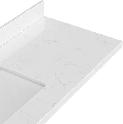 ARIEL 60 inch Bathroom Vanity top with Sink, 1.5 Inch Thick Miter Edge Carrara White Quartz top, Rectangle Single Porcelain Sink, Includes Backsplash