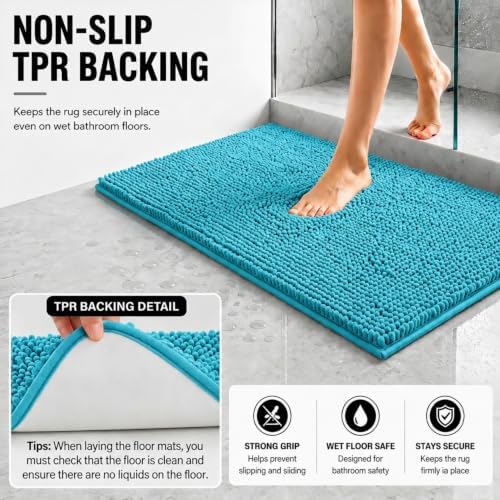 Bathroom Rugs Sets 2 Piece,Super Absorbent Soft,Thick,Machine Washable Chenille Bath Mat,Non Slip Toilet Floor Rug,Bath Mats for Bathroom,20x32 Plus 20x20 U Shape,Light Blue