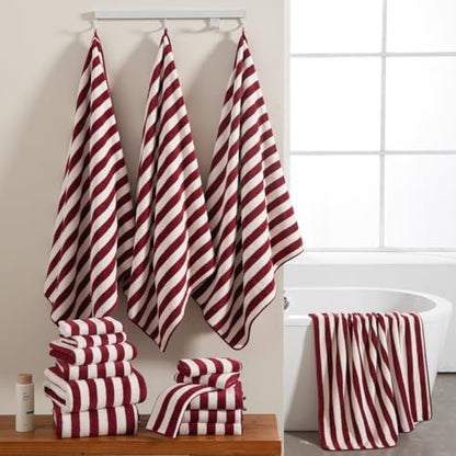 18 Pcs Red Stripe Bath Towel Set with Hanging Loop-6 Bath Towels,6 Hand Towels,6 Washcloths Soft Family Towels Set Bathroom Towel Highly Absorbent Quick Dry Shower Towel for Beach Chair Spa Gym Hotel