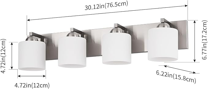 mirrea 4-Light Brushed Nickel Bathroom Vanity Light with White Glass Shades | makeup vanity illumination grooming station light over-sink wall lamp renovate remodel refresh decorate