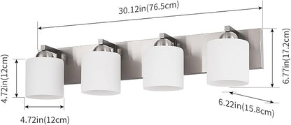 mirrea 4-Light Brushed Nickel Bathroom Vanity Light with White Glass Shades | makeup vanity illumination grooming station light over-sink wall lamp renovate remodel refresh decorate