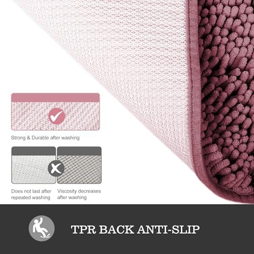 Yeaban Chenille Dusty Rose Bathroom Rug 17"x24", Non-Slip Rubber Backing