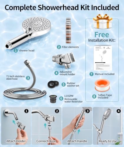 SR SUN RISE Filtered Shower Head with Handheld High Pressure 9 Spray Mode Showerhead Detachable Shower Head Water Softener Filters Beads for Hard Water Remove Chlorine 1 Filter 1.8GPM Chrome