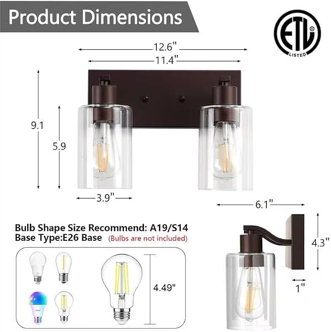 2 Lights Bathroom Light Fixtures Oil Rubbed Bronze Vanity Light with Clear Glass Shade 13in Modern Bathroom Lighting Fixtures Over Mirror for Bedroom/Living Room
